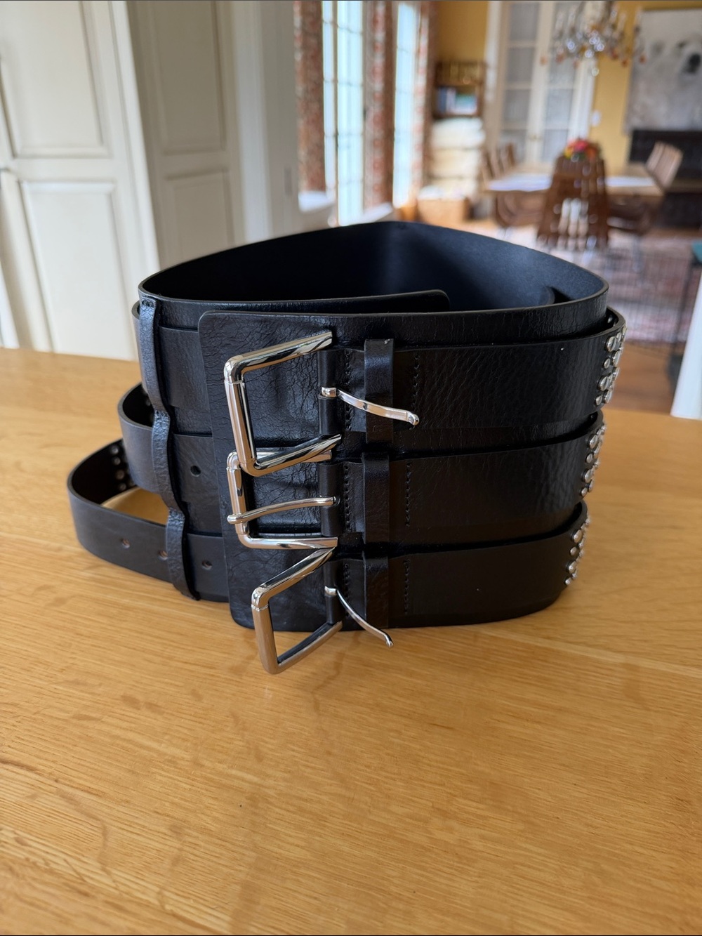 Wide Black Triple-Buckle Leather Waist Belt